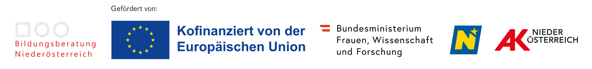 Logos der Fördergeber Europäischer Sozialfonds / Bundesministerium für Frauen, Wissenschaft und Forschung / Land Niederösterreich / Arbeiterkammer Niederösterreich